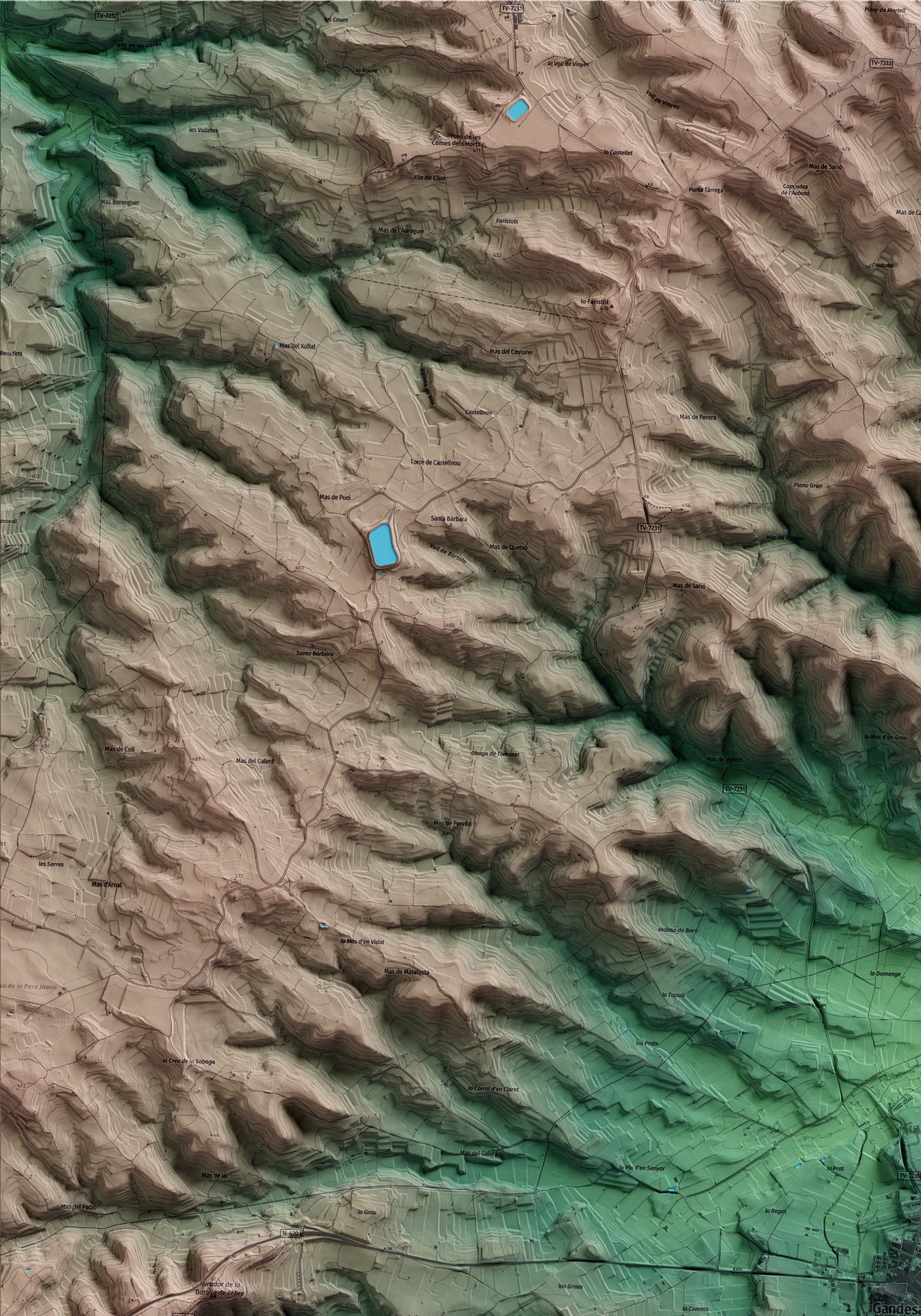 Mapa artístico del relieve de Gandesa, a la Terra Alta, con 15 km de entorno y base topográfica ICGC. Detalle de la zona superior izquierda.