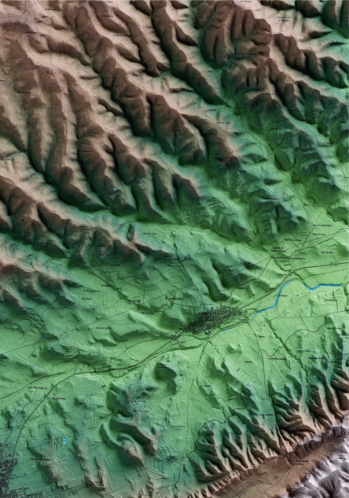 Mapa artístico del relieve de Gandesa, a la Terra Alta, con 15 km de entorno y base topográfica ICGC. Detalle de la zona superior derecha.