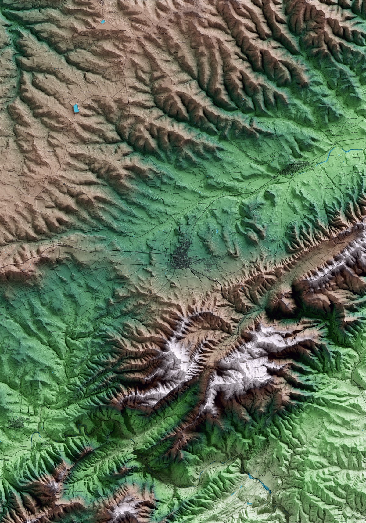 Mapa artístico del relieve de Gandesa, a la Terra Alta, con 15 km de entorno y base topográfica ICGC