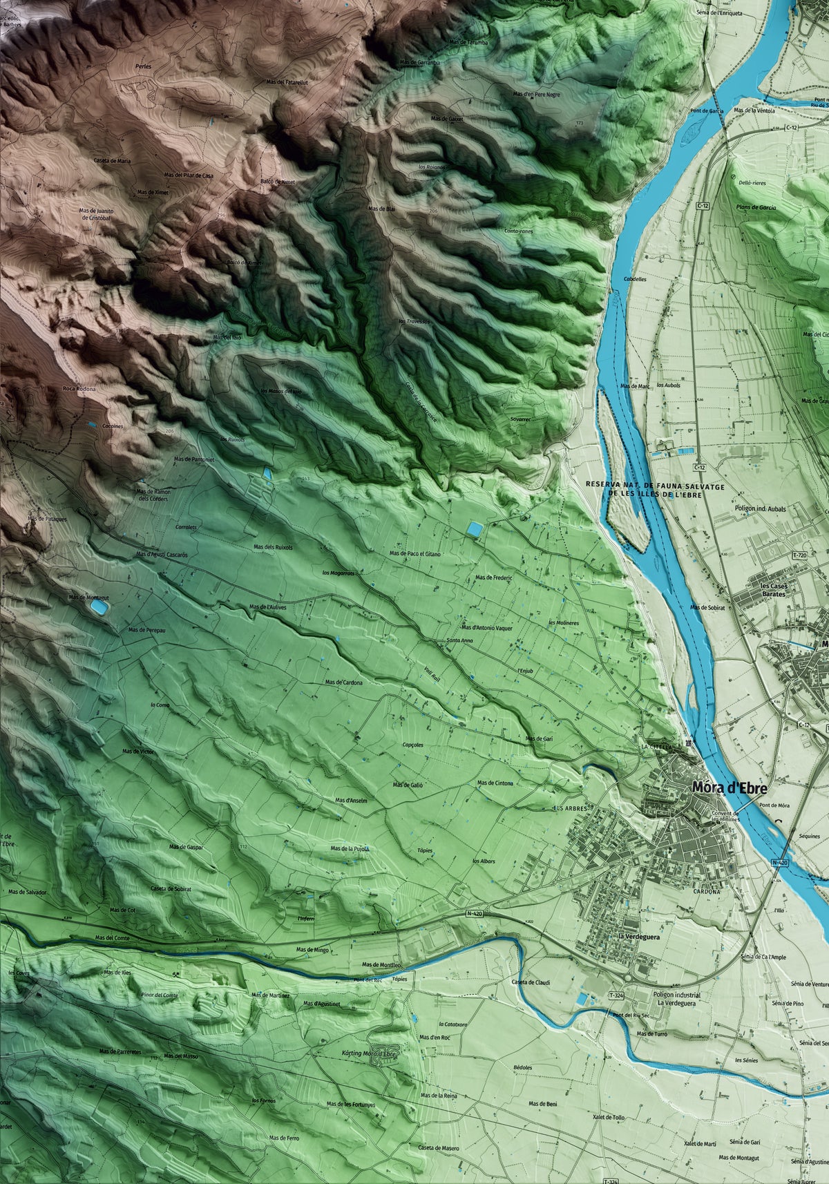 Mapa artístico del relieve de Garcia, a la Ribera de Ebro, con 15 km de entorno y base topográfica ICGC. Detalle de la zona inferior izquierda.