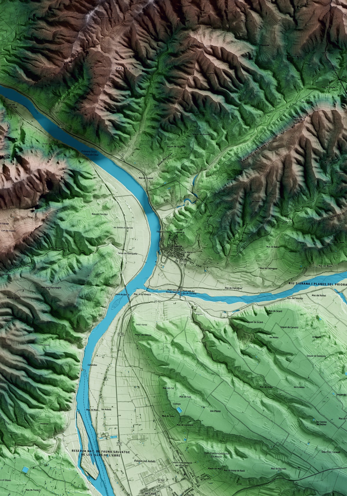 Mapa artístico del relieve de Garcia, a la Ribera de Ebro, con 15 km de entorno y base topográfica ICGC. Detalle de la zona central.
