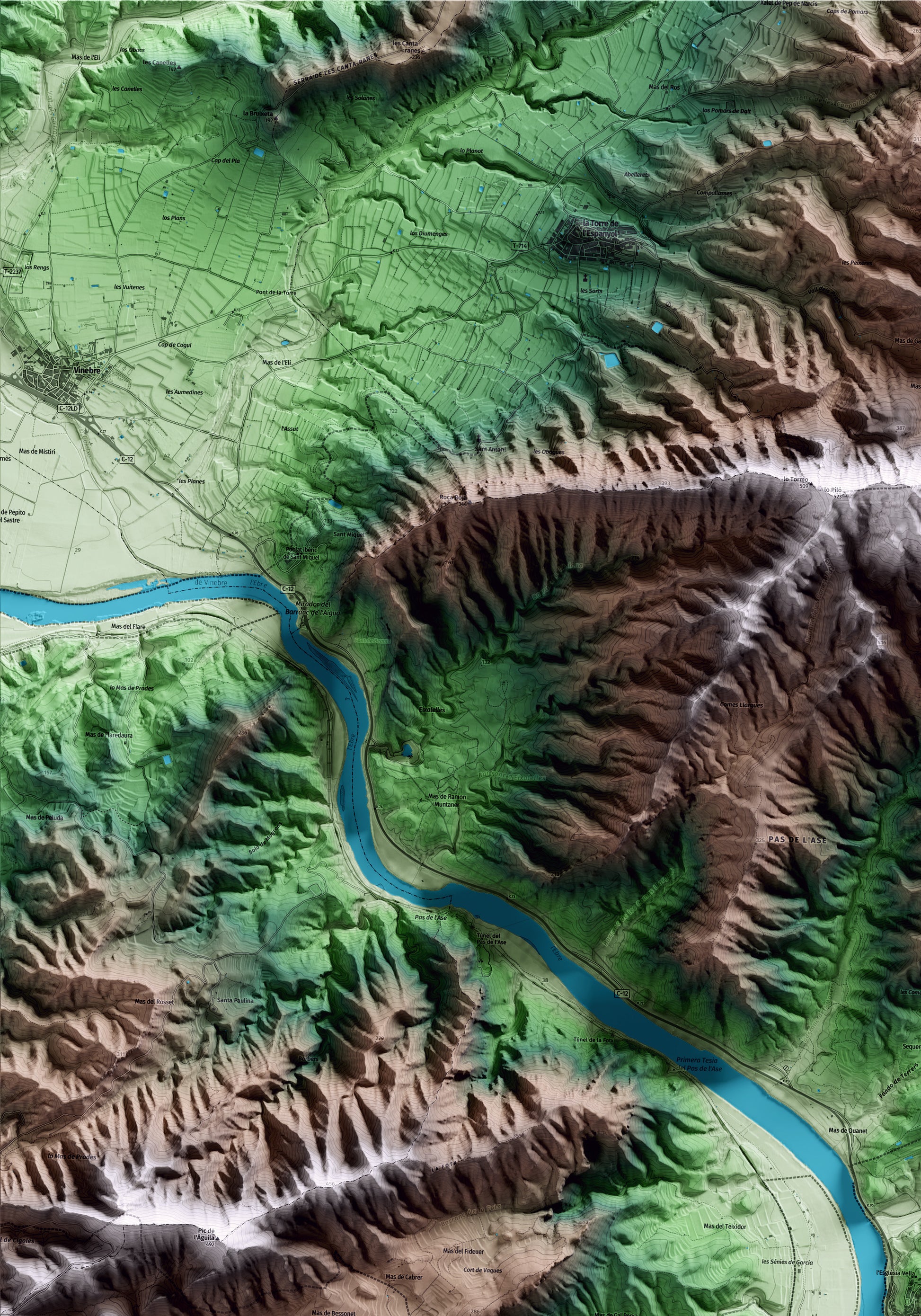 Mapa artístico del relieve de Garcia, a la Ribera de Ebro, con 15 km de entorno y base topográfica ICGC. Detalle de la zona superior izquierda.