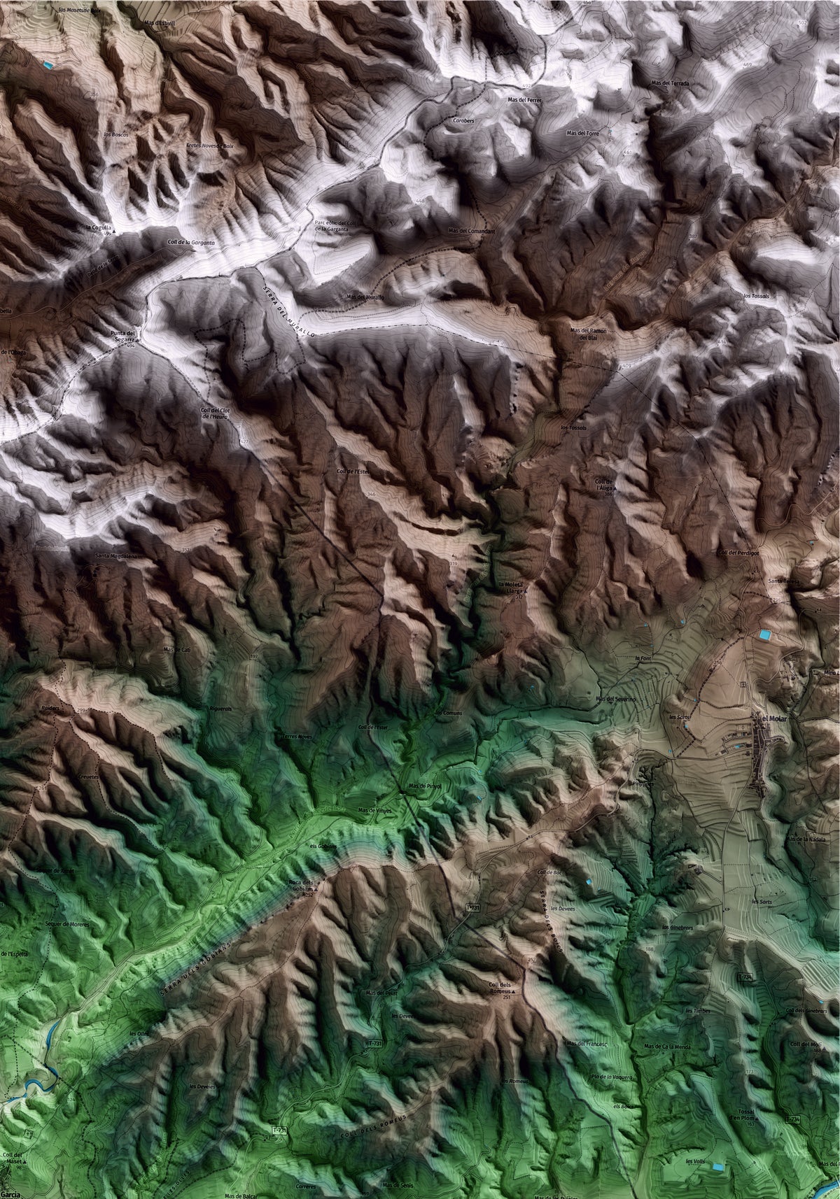 Mapa artístico del relieve de Garcia, a la Ribera de Ebro, con 15 km de entorno y base topográfica ICGC. Detalle de la zona superior derecha.