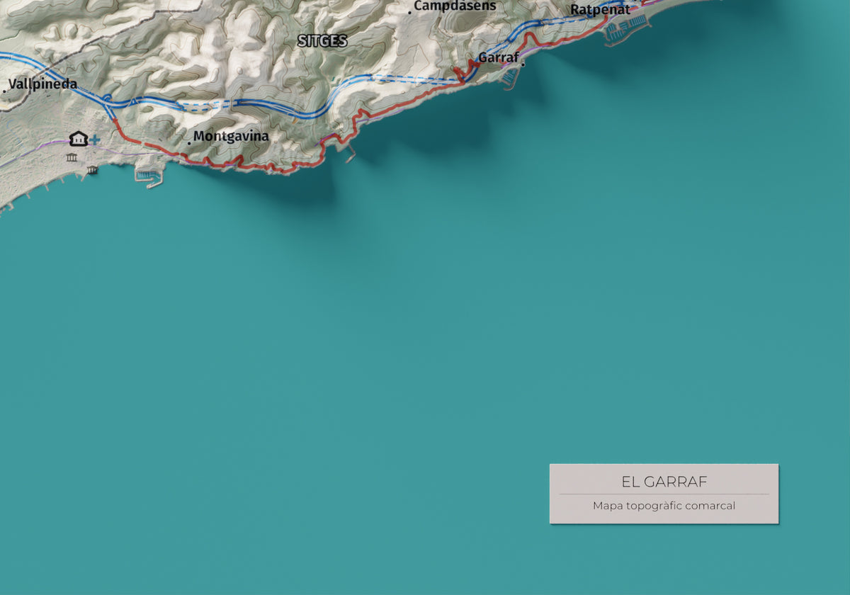 Mapa de relleu del Garraf, amb el territori en color i l’entorn en blanc. Detall de la part inferior dreta. 21 × 30 cm. Estil Cartogràfic.
