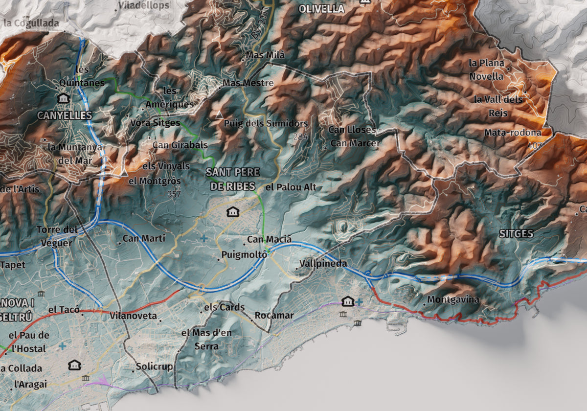 Mapa de relleu del Garraf, amb el territori en color i l’entorn en blanc. Detall de la part central. 21 × 30 cm. Estil Blau i taronja.