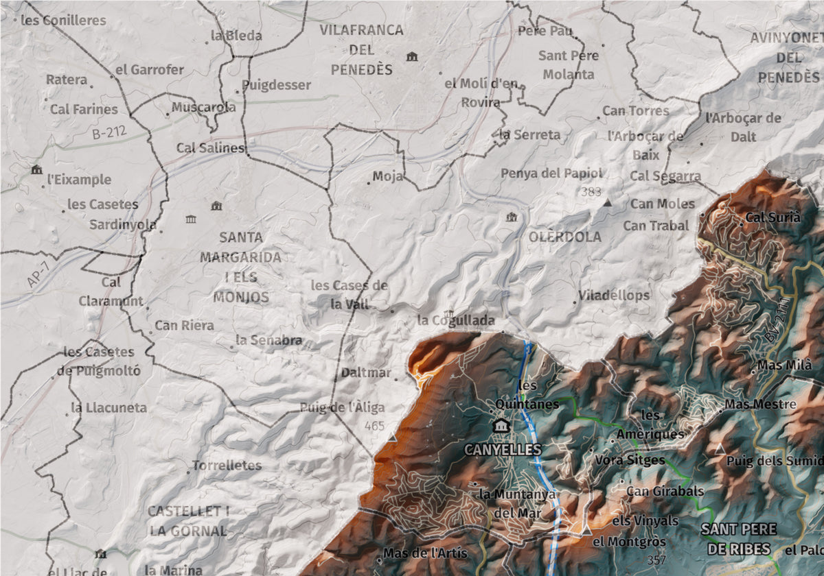 Mapa de relleu del Garraf, amb el territori en color i l’entorn en blanc. Detall de la part superior esquerra. 21 × 30 cm. Estil Blau i taronja.