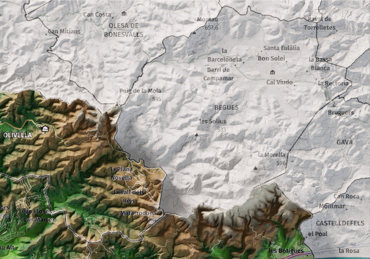 Mapa de relleu del Garraf, amb el territori en color i l’entorn en blanc. Detall de la part superior dreta. 21 × 30 cm. Estil Clàssic.