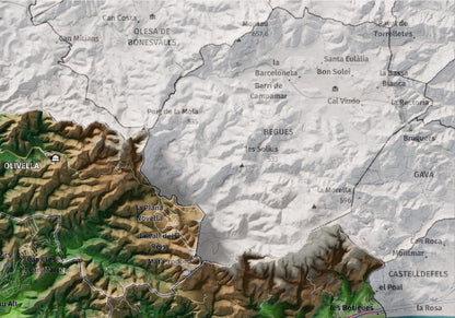Mapa de relleu del Garraf, amb el territori en color i l’entorn en blanc. Detall de la part superior dreta. 21 × 30 cm. Estil Clàssic.