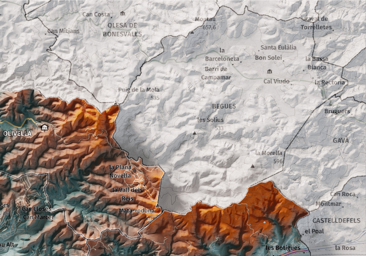 Mapa de relleu del Garraf, amb el territori en color i l’entorn en blanc. Detall de la part superior dreta. 21 × 30 cm. Estil Blau i taronja.