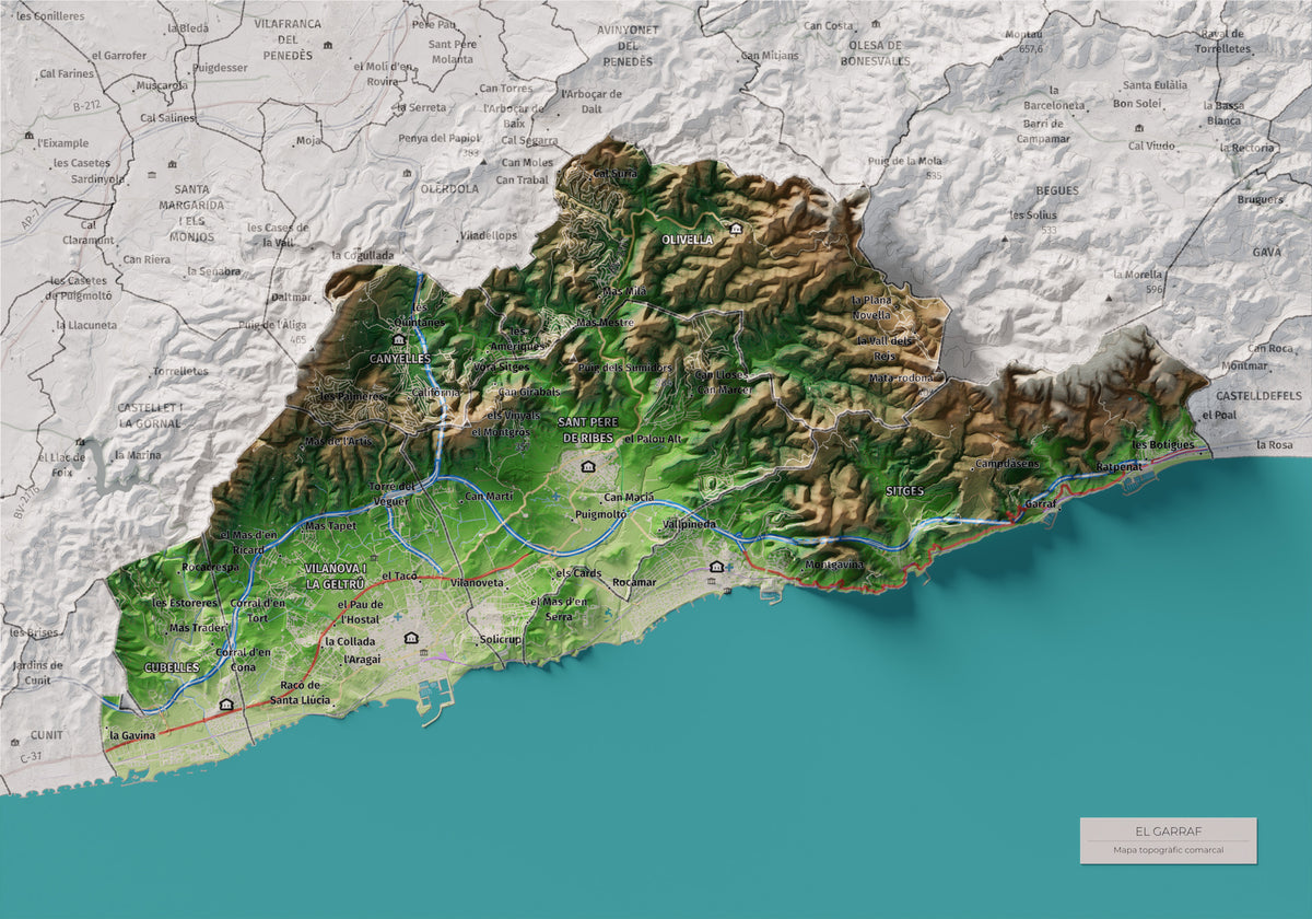 Mapa de relleu del Garraf, amb el territori en color i l’entorn en blanc. Vista completa de la làmina. 21 × 30 cm. Estil Clàssic.
