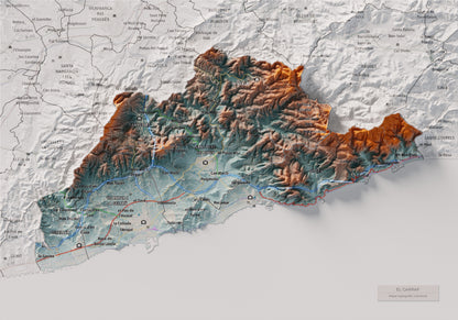 Mapa de relleu del Garraf, amb el territori en color i l’entorn en blanc. Vista completa de la làmina. 21 × 30 cm. Estil Blau i taronja.