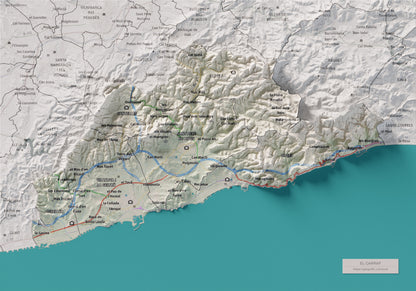 Mapa de relleu del Garraf, amb el territori en color i l’entorn en blanc. Vista completa de la làmina. 21 × 30 cm. Estil Cartogràfic.