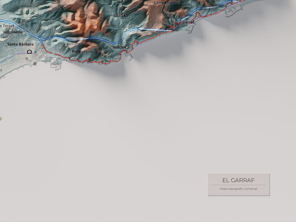 Mapa de relleu del Garraf, amb el territori en color i l’entorn en blanc. Detall de la part inferior dreta. 30 × 40 cm. Estil Blau i taronja.