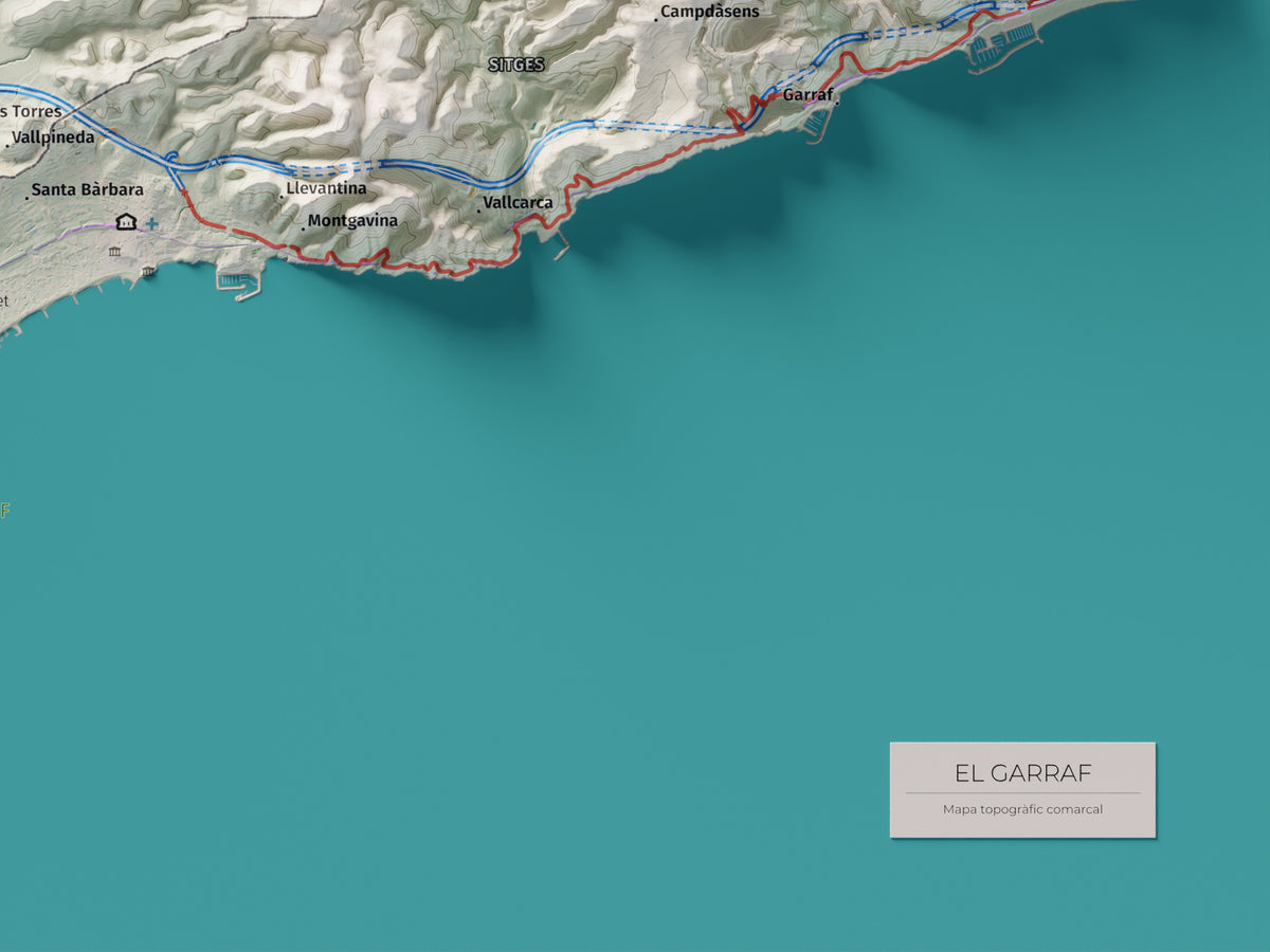 Mapa de relleu del Garraf, amb el territori en color i l’entorn en blanc. Detall de la part inferior dreta. 30 × 40 cm. Estil Cartogràfic.