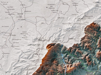 Mapa de relleu del Garraf, amb el territori en color i l’entorn en blanc. Detall de la part superior esquerra. 30 × 40 cm. Estil Blau i taronja.