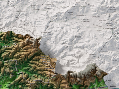 Mapa de relleu del Garraf, amb el territori en color i l’entorn en blanc. Detall de la part superior dreta. 30 × 40 cm. Estil Clàssic.