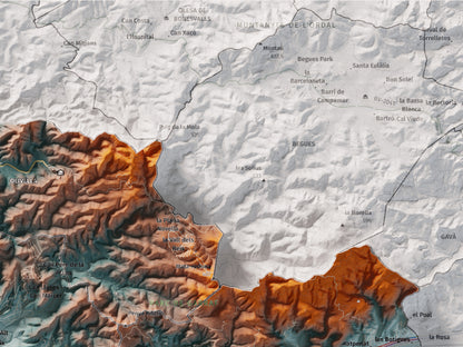 Mapa de relleu del Garraf, amb el territori en color i l’entorn en blanc. Detall de la part superior dreta. 30 × 40 cm. Estil Blau i taronja.