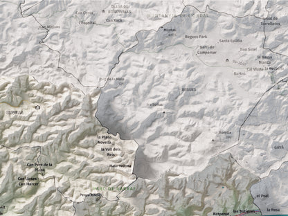 Mapa de relleu del Garraf, amb el territori en color i l’entorn en blanc. Detall de la part superior dreta. 30 × 40 cm. Estil Cartogràfic.