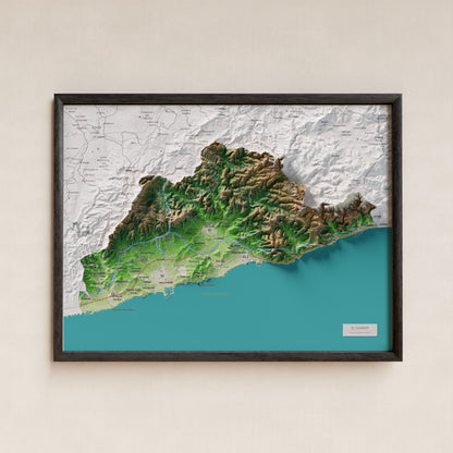 Mapa de relleu del Garraf, amb el territori en color i l’entorn en blanc. Presentació amb marc. 30 × 40 cm. Estil Clàssic.