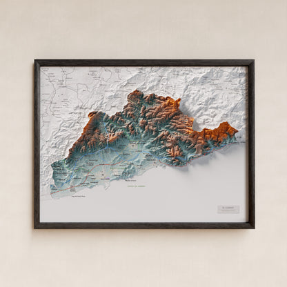 Mapa de relleu del Garraf, amb el territori en color i l’entorn en blanc. Presentació amb marc. 30 × 40 cm. Estil Blau i taronja.