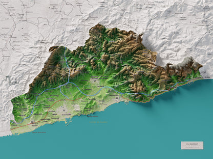 Mapa de relleu del Garraf, amb el territori en color i l’entorn en blanc. Vista completa de la làmina. 30 × 40 cm. Estil Clàssic.