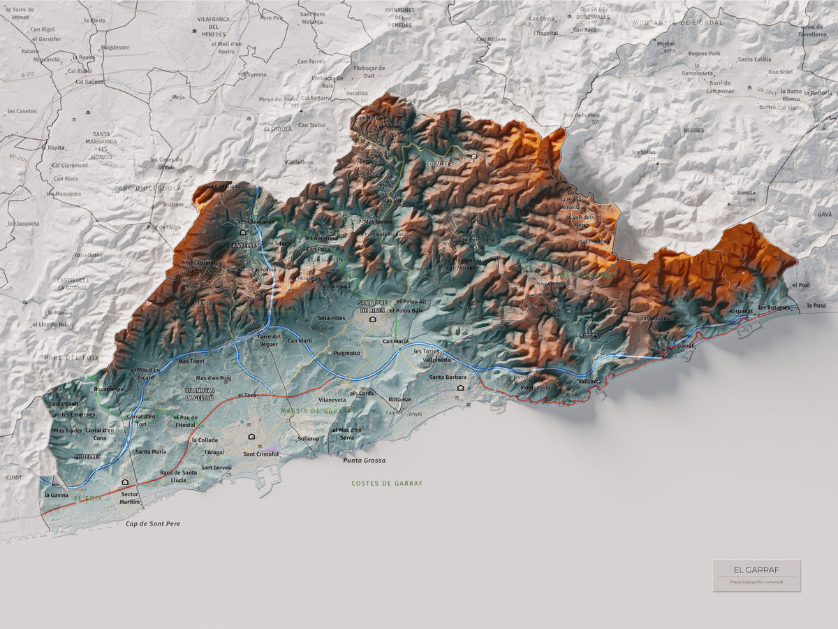 Mapa de relleu del Garraf, amb el territori en color i l’entorn en blanc. Vista completa de la làmina. 30 × 40 cm. Estil Blau i taronja.
