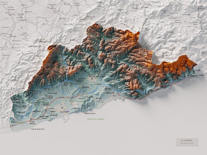 Mapa de relleu del Garraf, amb el territori en color i l’entorn en blanc. Vista completa de la làmina. 30 × 40 cm. Estil Blau i taronja.