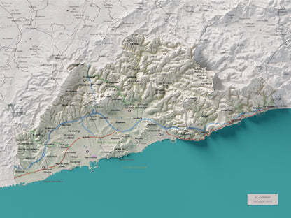 Mapa de relleu del Garraf, amb el territori en color i l’entorn en blanc. Vista completa de la làmina. 30 × 40 cm. Estil Cartogràfic.