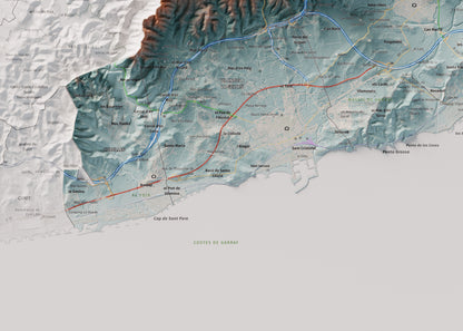 Mapa de relleu del Garraf, amb el territori en color i l’entorn en blanc. Detall de la part inferior esquerra. 50 × 70 cm. Estil Blau i taronja.