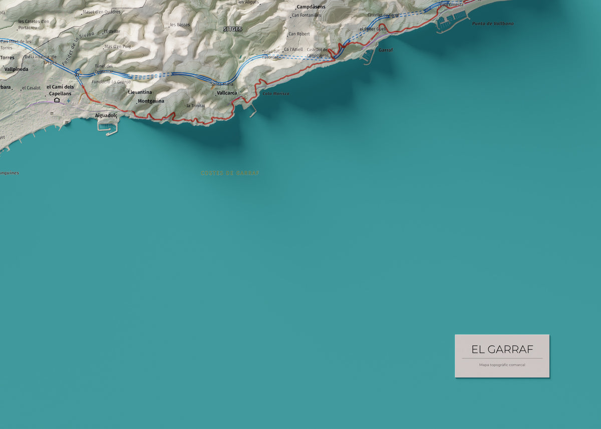 Mapa de relleu del Garraf, amb el territori en color i l’entorn en blanc. Detall de la part inferior dreta. 50 × 70 cm. Estil Cartogràfic.