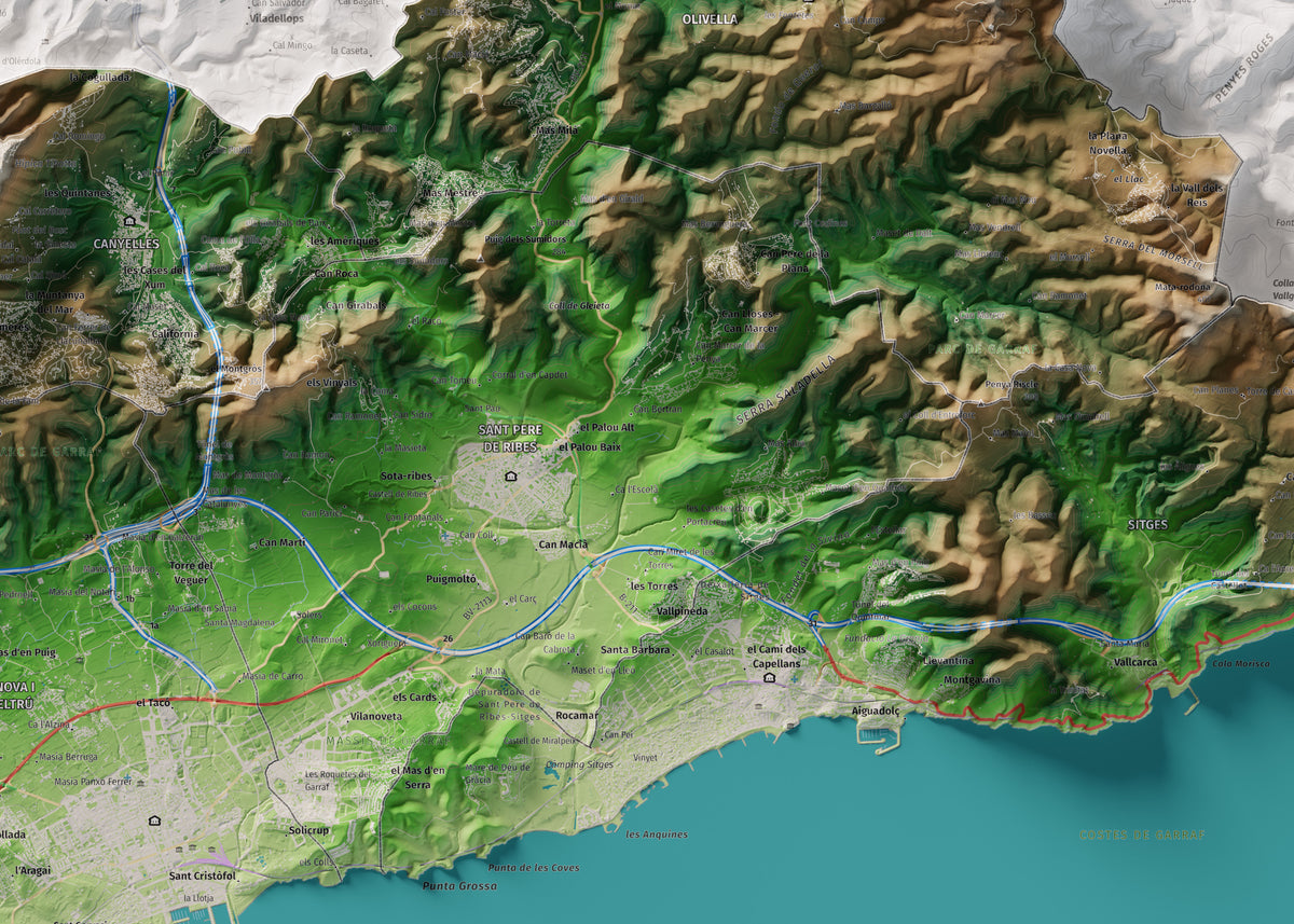 Mapa de relleu del Garraf, amb el territori en color i l’entorn en blanc. Detall de la part central. 50 × 70 cm. Estil Clàssic.