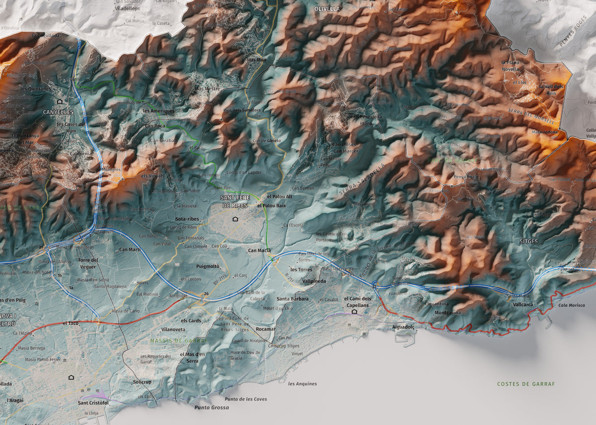 Mapa de relleu del Garraf, amb el territori en color i l’entorn en blanc. Detall de la part central. 50 × 70 cm. Estil Blau i taronja.