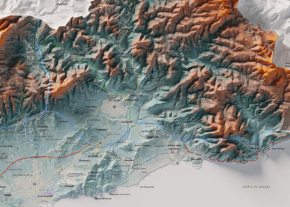 Mapa de relleu del Garraf, amb el territori en color i l’entorn en blanc. Detall de la part central. 50 × 70 cm. Estil Blau i taronja.