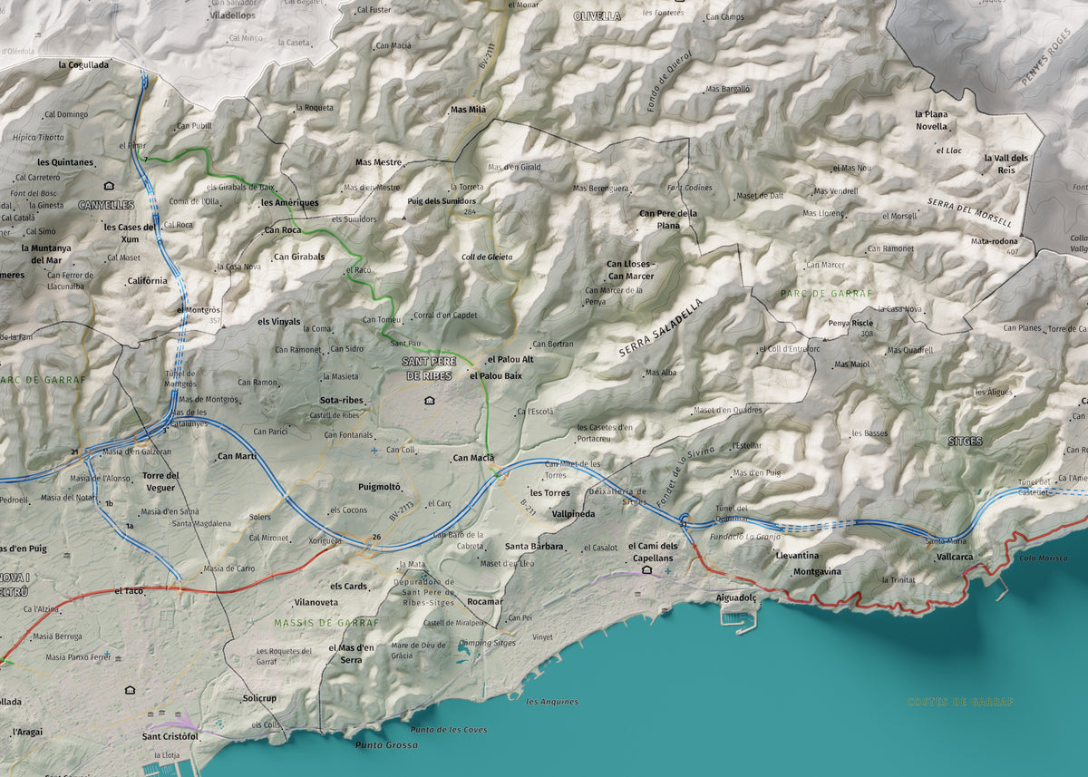 Mapa de relleu del Garraf, amb el territori en color i l’entorn en blanc. Detall de la part central. 50 × 70 cm. Estil Cartogràfic.