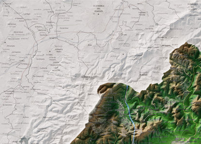 Mapa de relleu del Garraf, amb el territori en color i l’entorn en blanc. Detall de la part superior esquerra. 50 × 70 cm. Estil Clàssic.