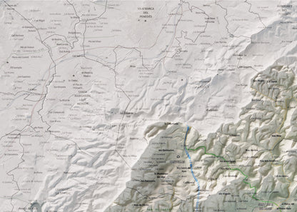 Mapa de relleu del Garraf, amb el territori en color i l’entorn en blanc. Detall de la part superior esquerra. 50 × 70 cm. Estil Cartogràfic.
