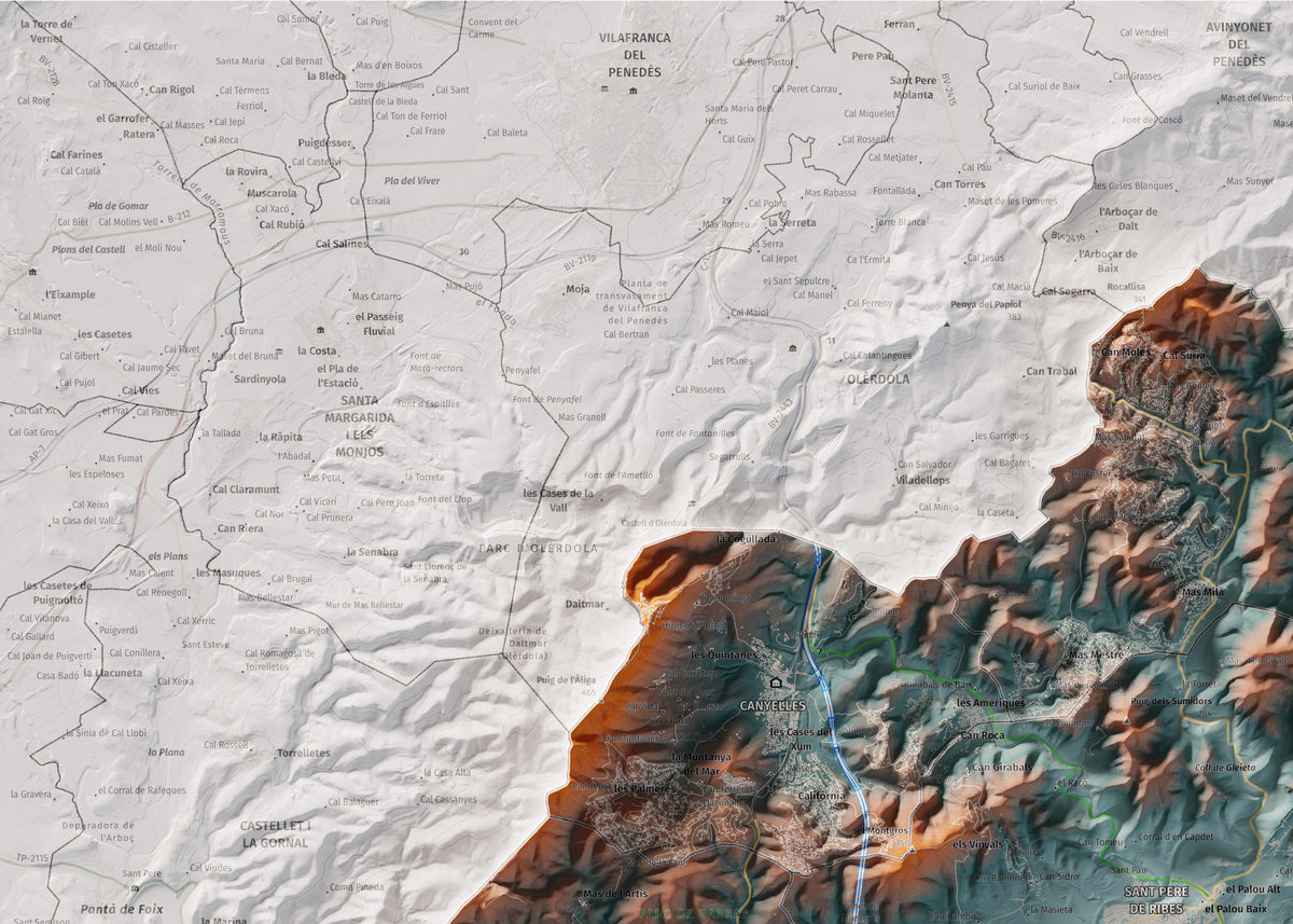 Mapa de relleu del Garraf, amb el territori en color i l’entorn en blanc. Detall de la part superior esquerra. 50 × 70 cm. Estil Blau i taronja.