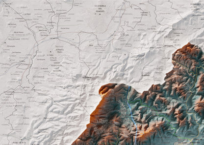 Mapa de relleu del Garraf, amb el territori en color i l’entorn en blanc. Detall de la part superior esquerra. 50 × 70 cm. Estil Blau i taronja.