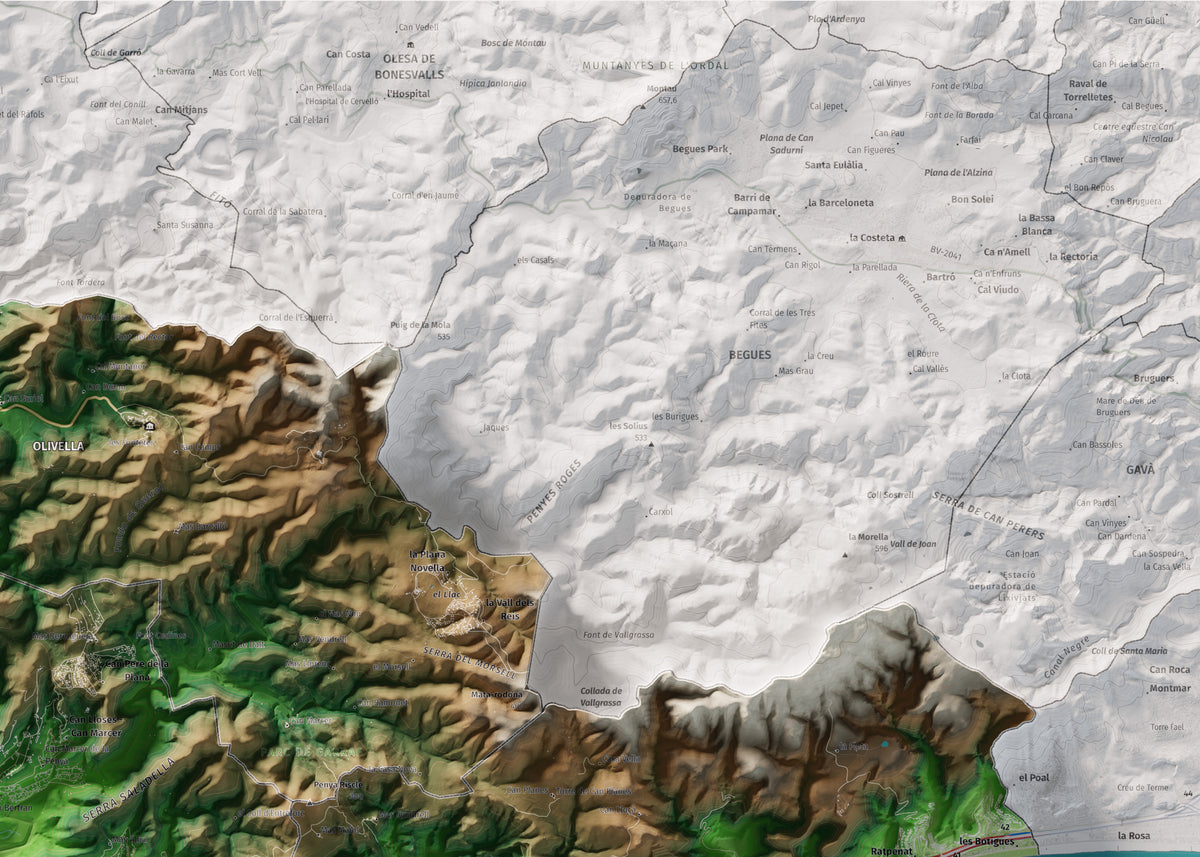 Mapa de relleu del Garraf, amb el territori en color i l’entorn en blanc. Detall de la part superior dreta. 50 × 70 cm. Estil Clàssic.