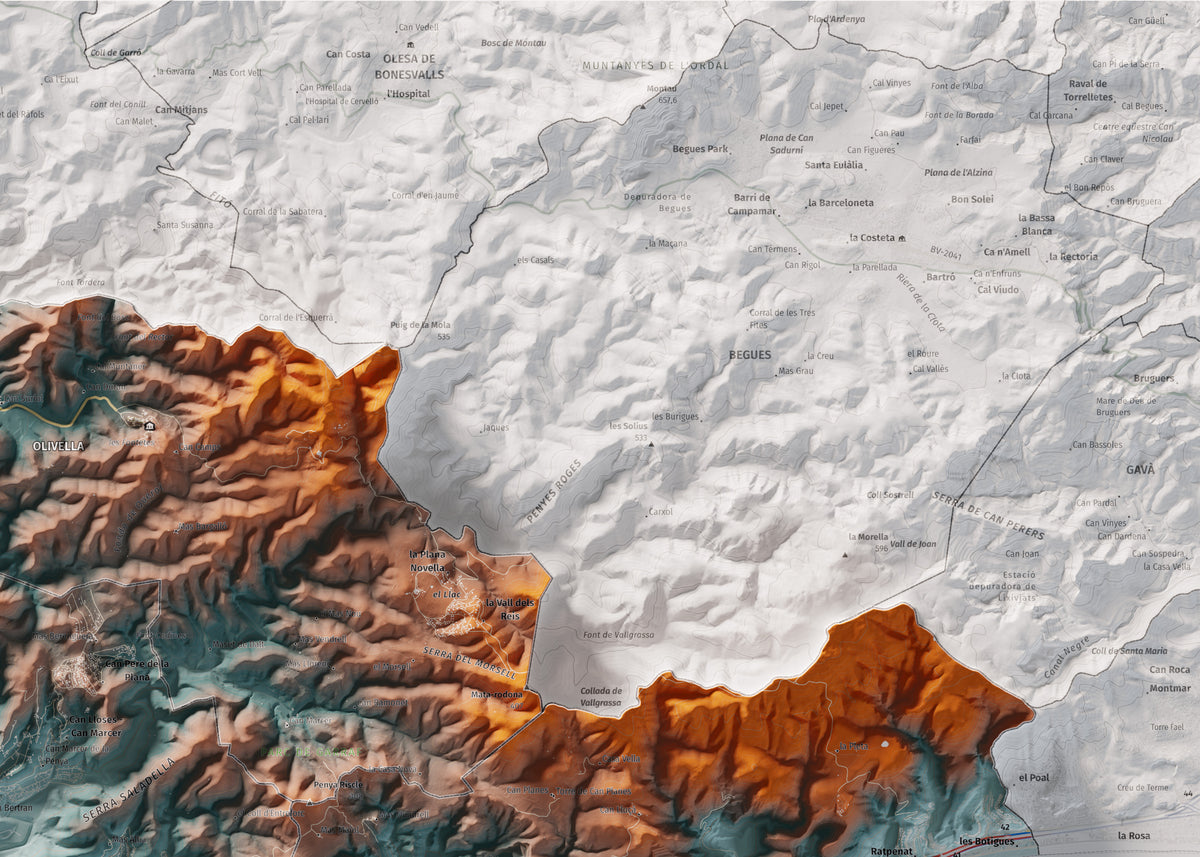 Mapa de relleu del Garraf, amb el territori en color i l’entorn en blanc. Detall de la part superior dreta. 50 × 70 cm. Estil Blau i taronja.