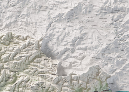 Mapa de relleu del Garraf, amb el territori en color i l’entorn en blanc. Detall de la part superior dreta. 50 × 70 cm. Estil Cartogràfic.