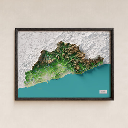 Mapa de relieve del Garraf, con el territorio en color y el entorno en blanco. Presentación con marco. 50 × 70 cm. Estilo Clásico.