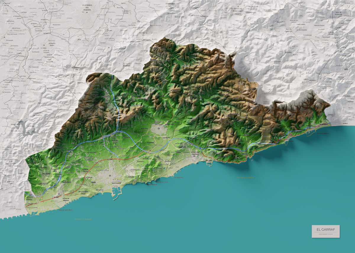Mapa de relleu del Garraf, amb el territori en color i l’entorn en blanc. Vista completa de la làmina. 50 × 70 cm. Estil Clàssic.