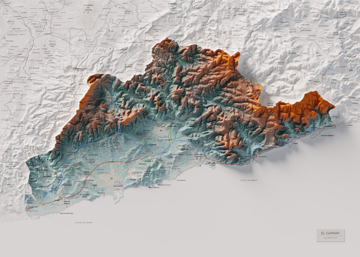 Mapa de relleu del Garraf, amb el territori en color i l’entorn en blanc. Vista completa de la làmina. 50 × 70 cm. Estil Blau i taronja.