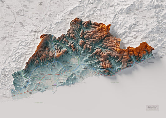 Mapa de relieve del Garraf, con el territorio en color y el entorno en blanco. Vista completa de la lámina. 50 × 70 cm. Estilo Contrastado.