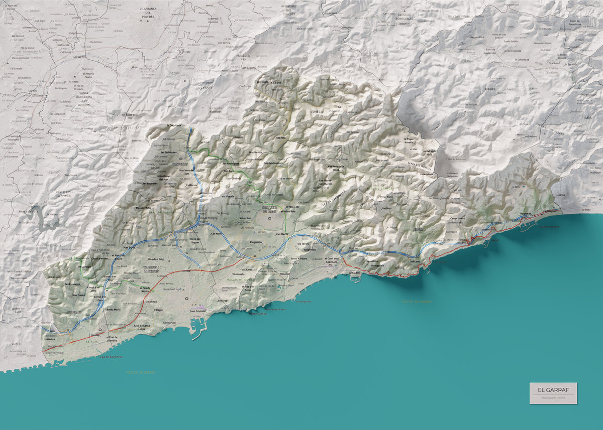 Mapa de relleu del Garraf, amb el territori en color i l’entorn en blanc. Vista completa de la làmina. 50 × 70 cm. Estil Cartogràfic.