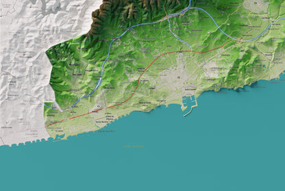 Mapa de relleu del Garraf, amb el territori en color i l’entorn en blanc. Detall de la part inferior esquerra. 61 × 91 cm. Estil Clàssic.