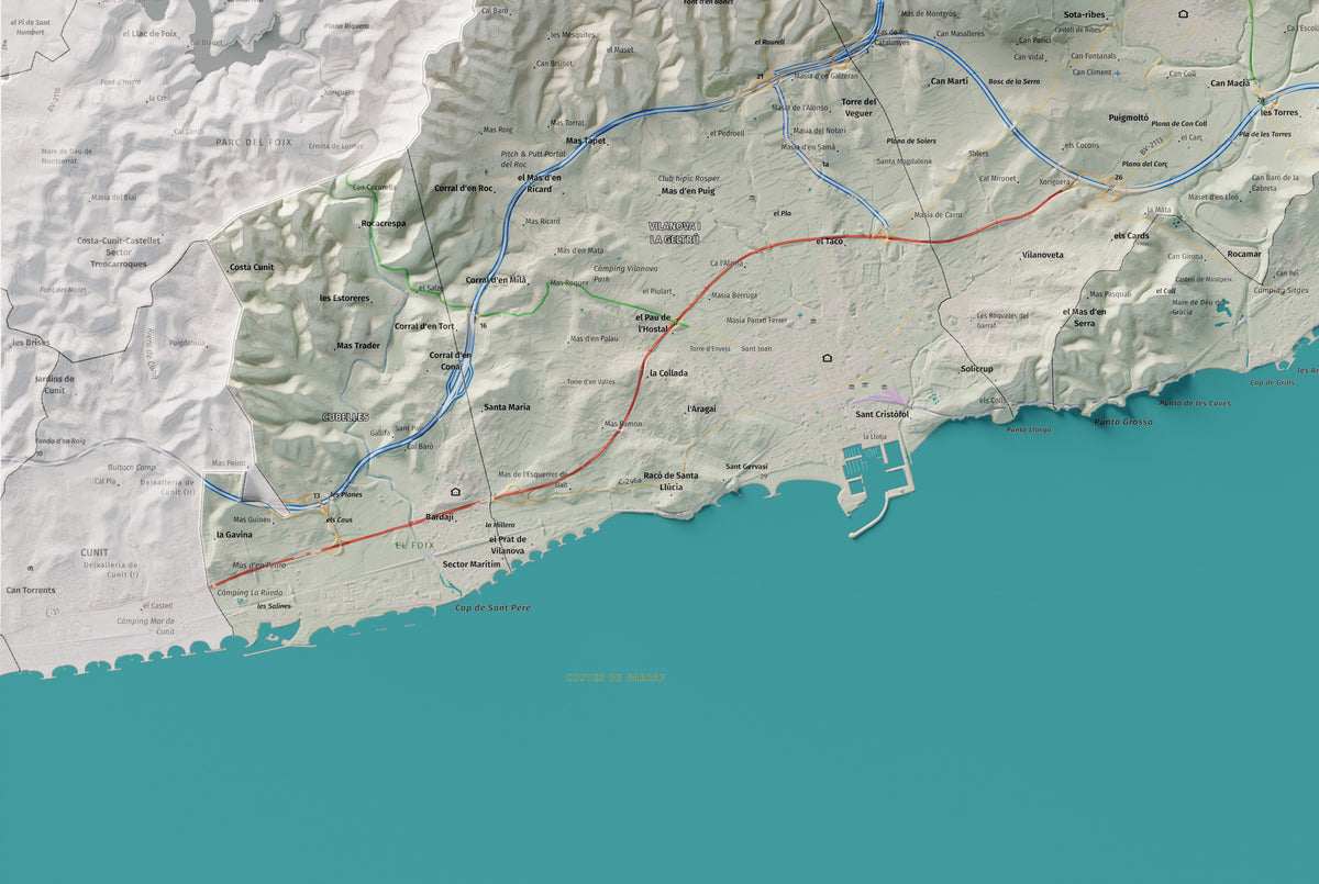 Mapa de relleu del Garraf, amb el territori en color i l’entorn en blanc. Detall de la part inferior esquerra. 61 × 91 cm. Estil Cartogràfic.