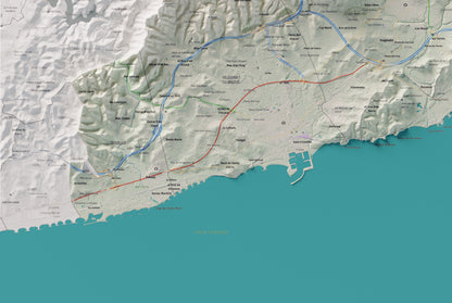 Mapa de relleu del Garraf, amb el territori en color i l’entorn en blanc. Detall de la part inferior esquerra. 61 × 91 cm. Estil Cartogràfic.
