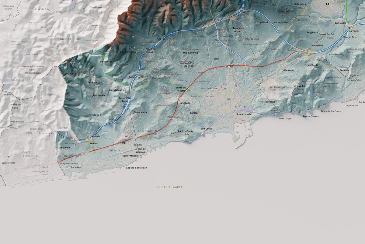 Mapa de relleu del Garraf, amb el territori en color i l’entorn en blanc. Detall de la part inferior esquerra. 61 × 91 cm. Estil Blau i taronja.